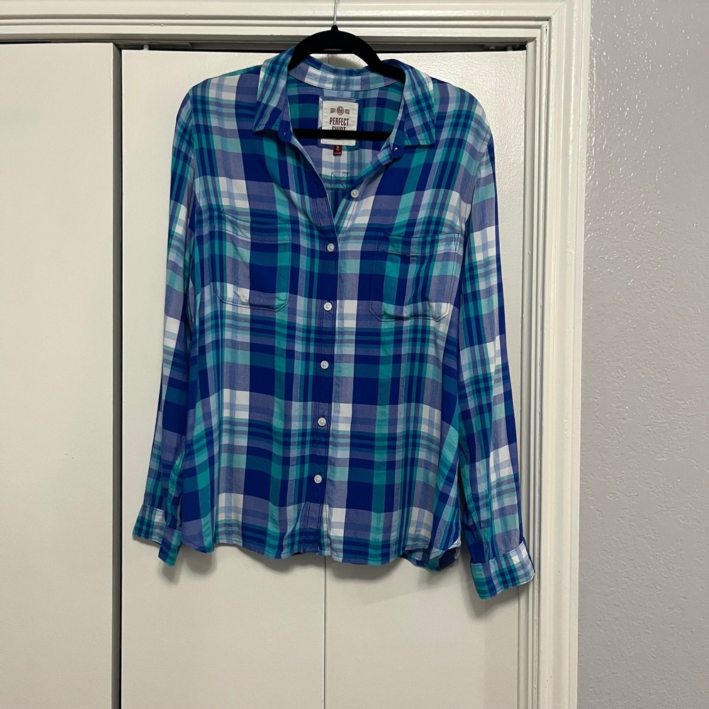 PERFECT SHIRT Relaxed Fit Plaid Button Down Long Sleeve Women's XL Blue